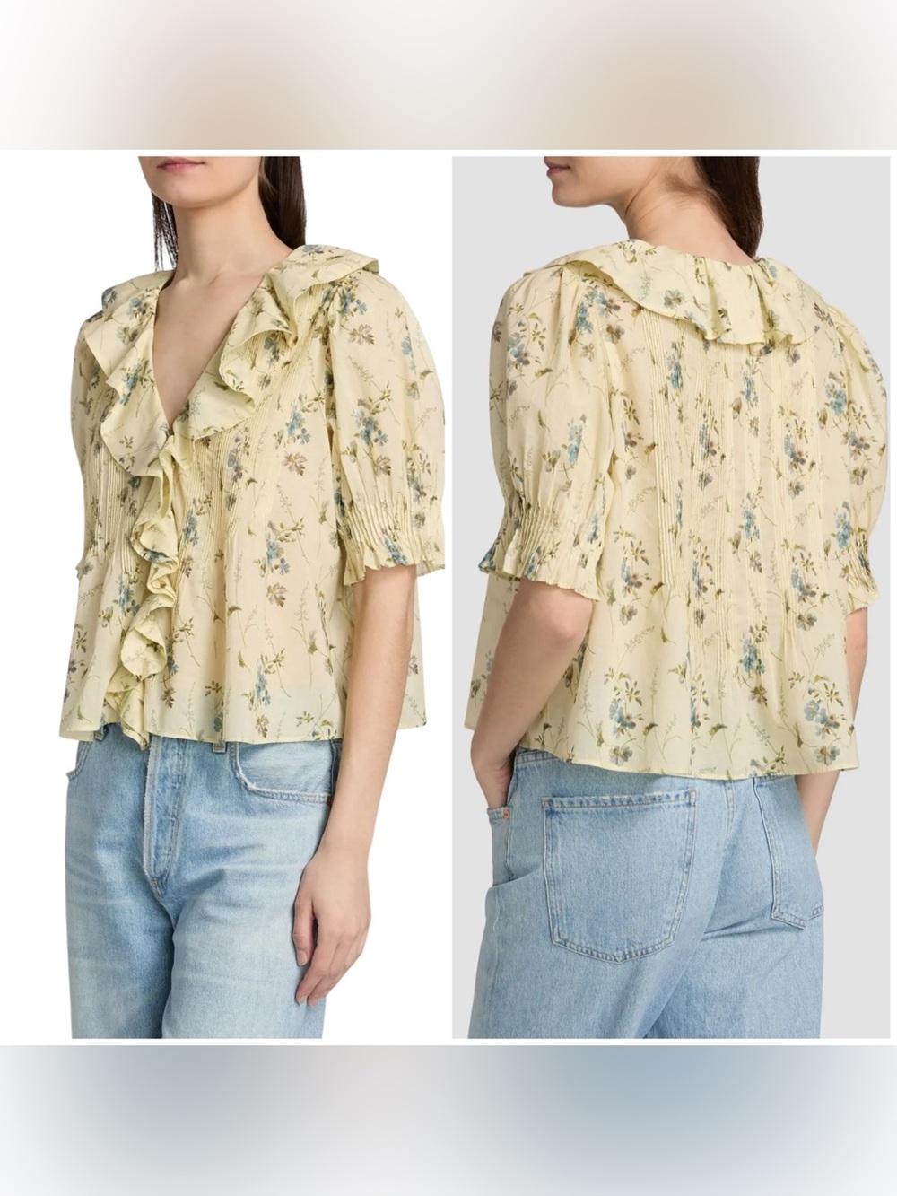 Dôen Henri Floral Ruffle Blouse Light Yellow Blue Women’s Size XS Organic Cotton
